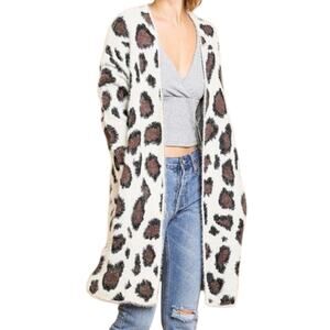 Umgee Cardigan Sweater Womens Size XL Leopard Animal Print Open Longline Long